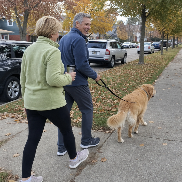 Couple in their 60s walking their dog on an autumn morning