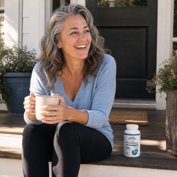 Woman with morning coffee on the porch beside Amara Organics glutathione