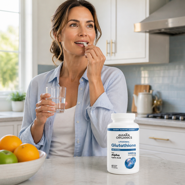 Woman taking Amara Organics glutathione in the morning
