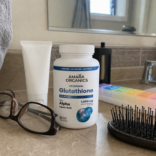 Amara Organics Liposomal Glutathione on a bathroom counter