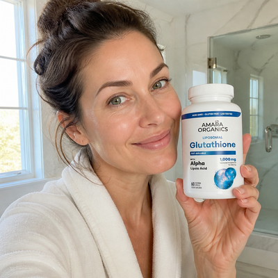 Woman holding Amara Organics glutathione