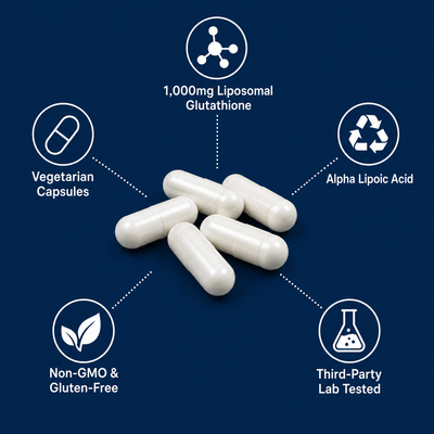 What's inside: 1,000mg liposomal glutathione, alpha lipoic acid, vegetarian capsules