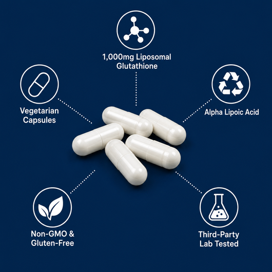 What's inside: 1,000mg liposomal glutathione, alpha lipoic acid, vegetarian capsules